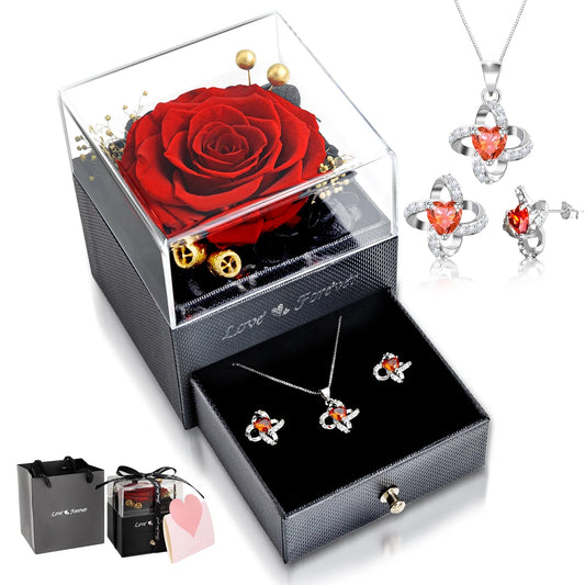 Eternal Rose with Necklace Earrings Set Birthday Gifts for Women Mom Preserved Real Flowers Mothers Day Valentines Day Gifts Anniversary Jewelry Sets for Women Grandma Wife Girlfriend Her (Red)