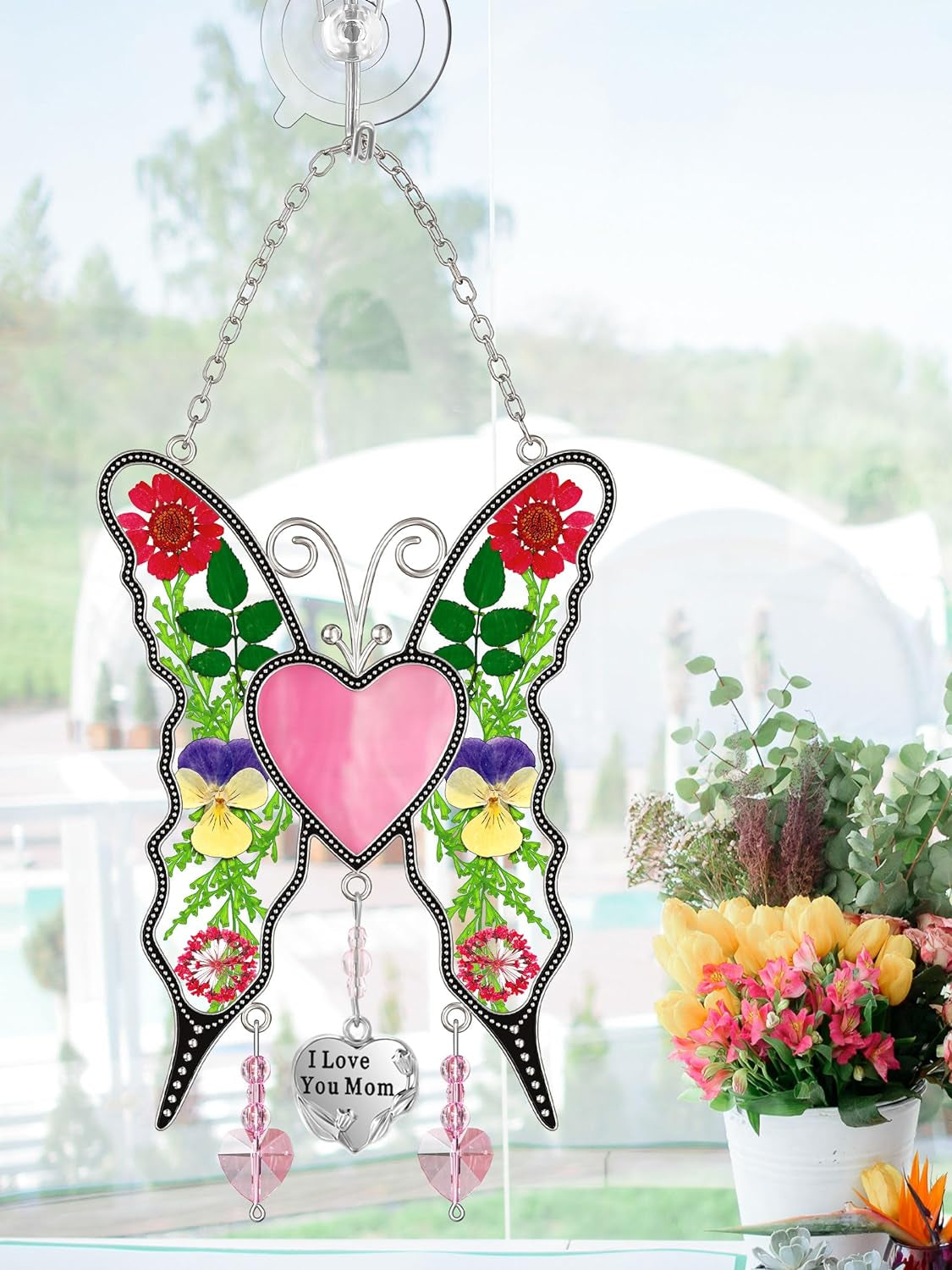 Butterfly Suncatcher I Love You Mom Gifts for Mom Pink Stained Glass Panels Heart for Windows Hanging Wind Chimes Pressed Real Flowers Wings Unique Design Birthday Gift for Women
