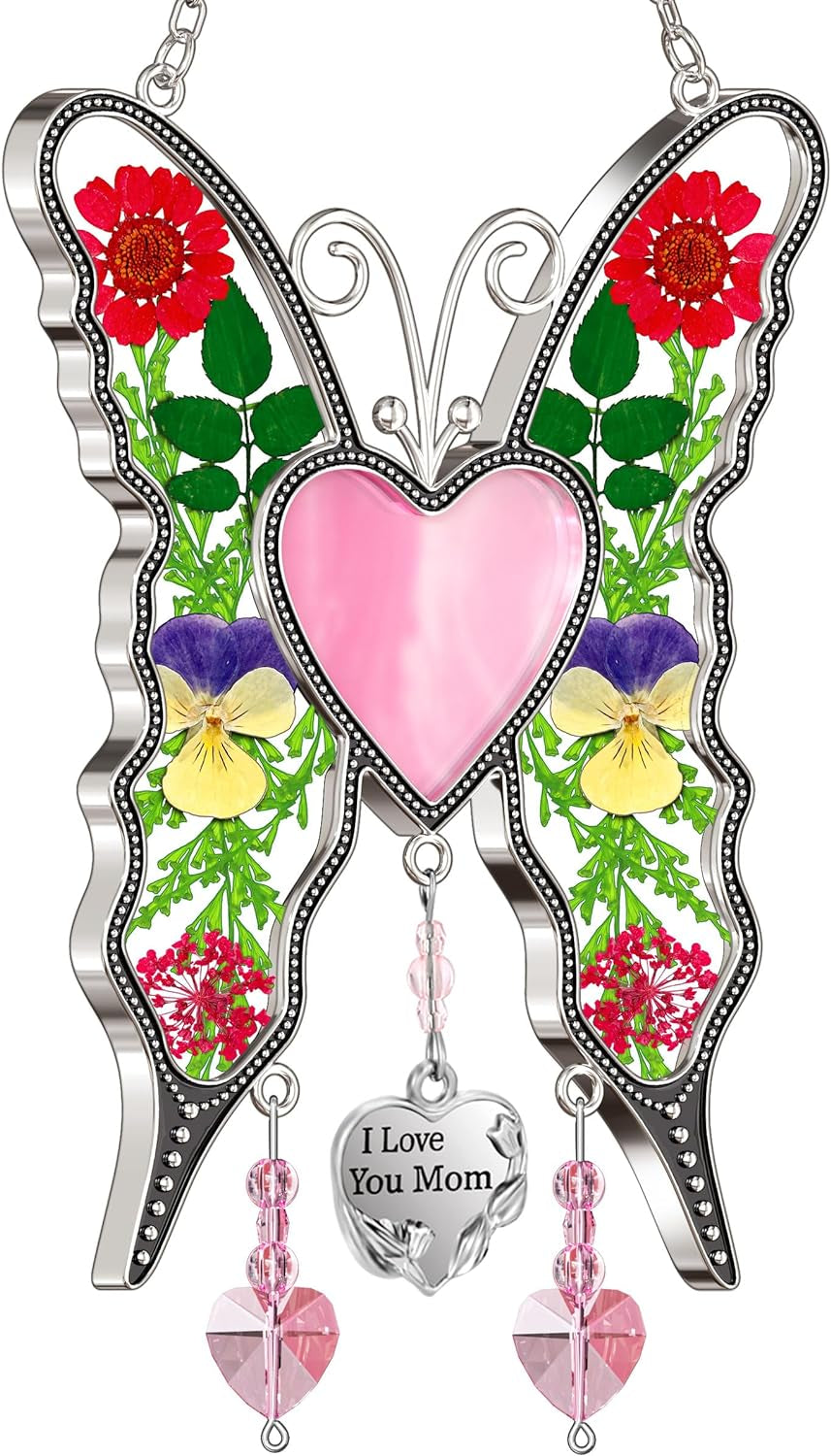 Butterfly Suncatcher I Love You Mom Gifts for Mom Pink Stained Glass Panels Heart for Windows Hanging Wind Chimes Pressed Real Flowers Wings Unique Design Birthday Gift for Women