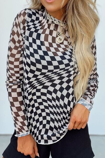 Checkered Mock Neck Long Sleeve Blouse - AlterEgo Trading Company