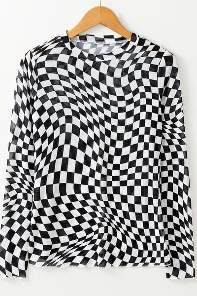 Checkered Mock Neck Long Sleeve Blouse - AlterEgo Trading Company