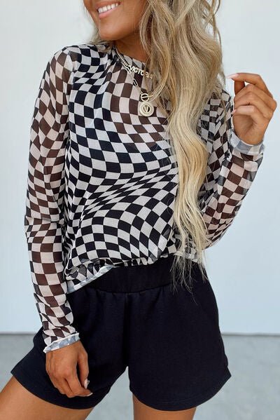 Checkered Mock Neck Long Sleeve Blouse - AlterEgo Trading Company