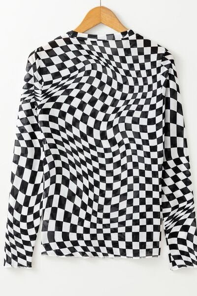 Checkered Mock Neck Long Sleeve Blouse - AlterEgo Trading Company