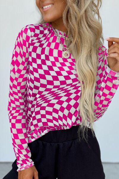 Checkered Mock Neck Long Sleeve Blouse - AlterEgo Trading Company