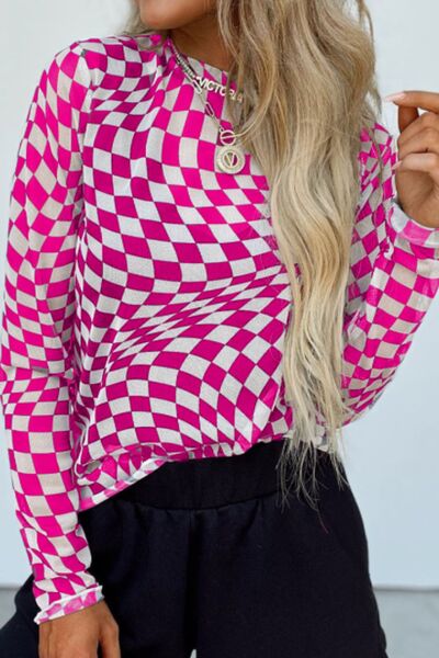 Checkered Mock Neck Long Sleeve Blouse - AlterEgo Trading Company