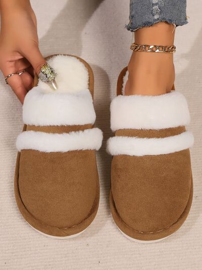 Contrast Faux Fur Round Toe Slippers - AlterEgo Trading Company