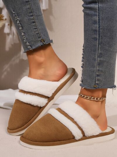 Contrast Faux Fur Round Toe Slippers - AlterEgo Trading Company