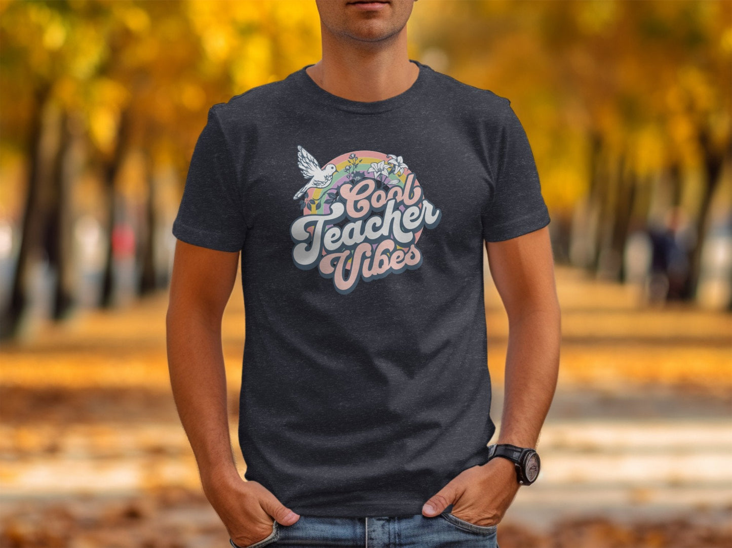 Cool Teacher Vibes and Retro Rainbow Graphic T-Shirt - Trendy AF