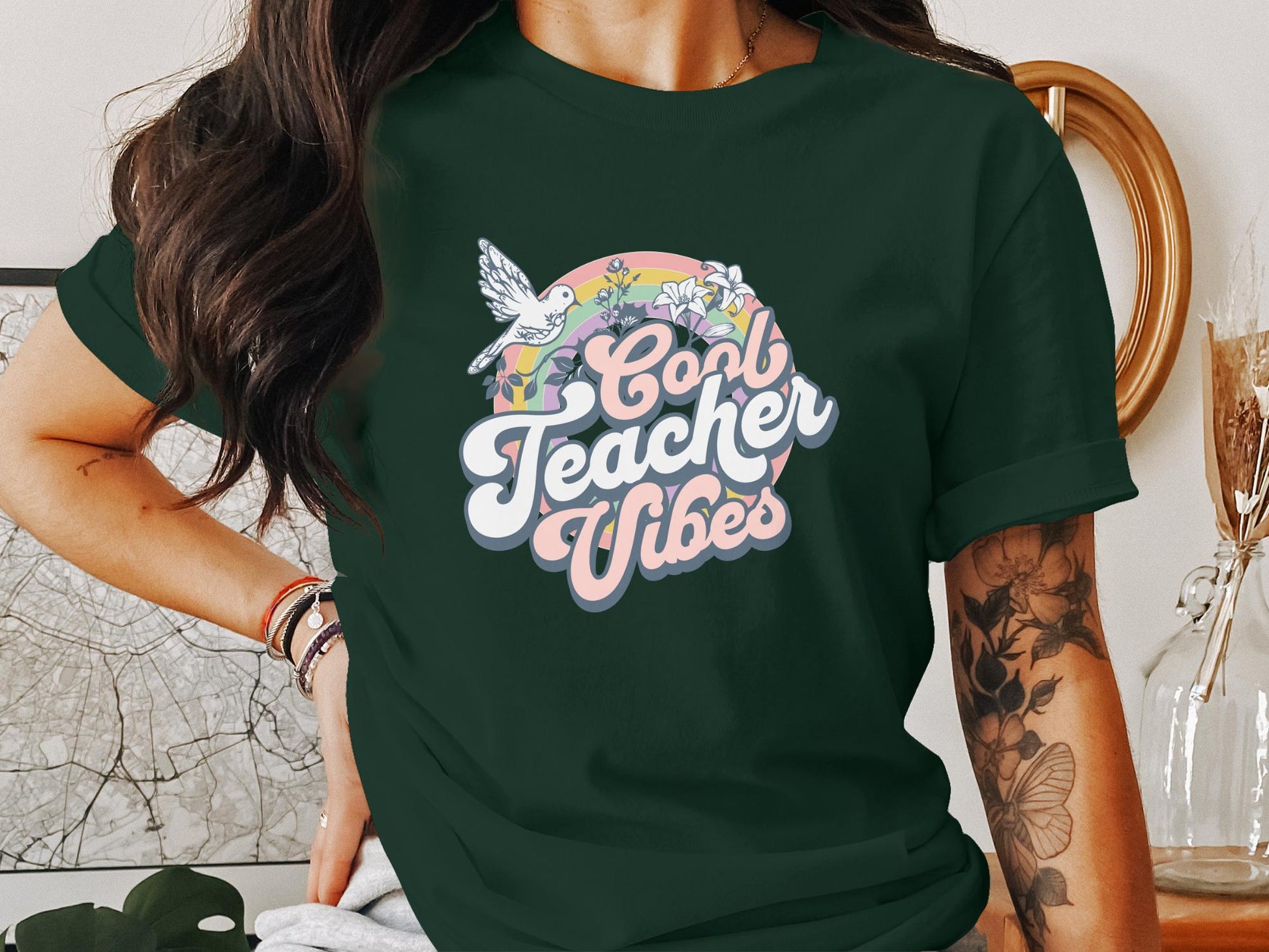 Cool Teacher Vibes and Retro Rainbow Graphic T-Shirt - Trendy AF