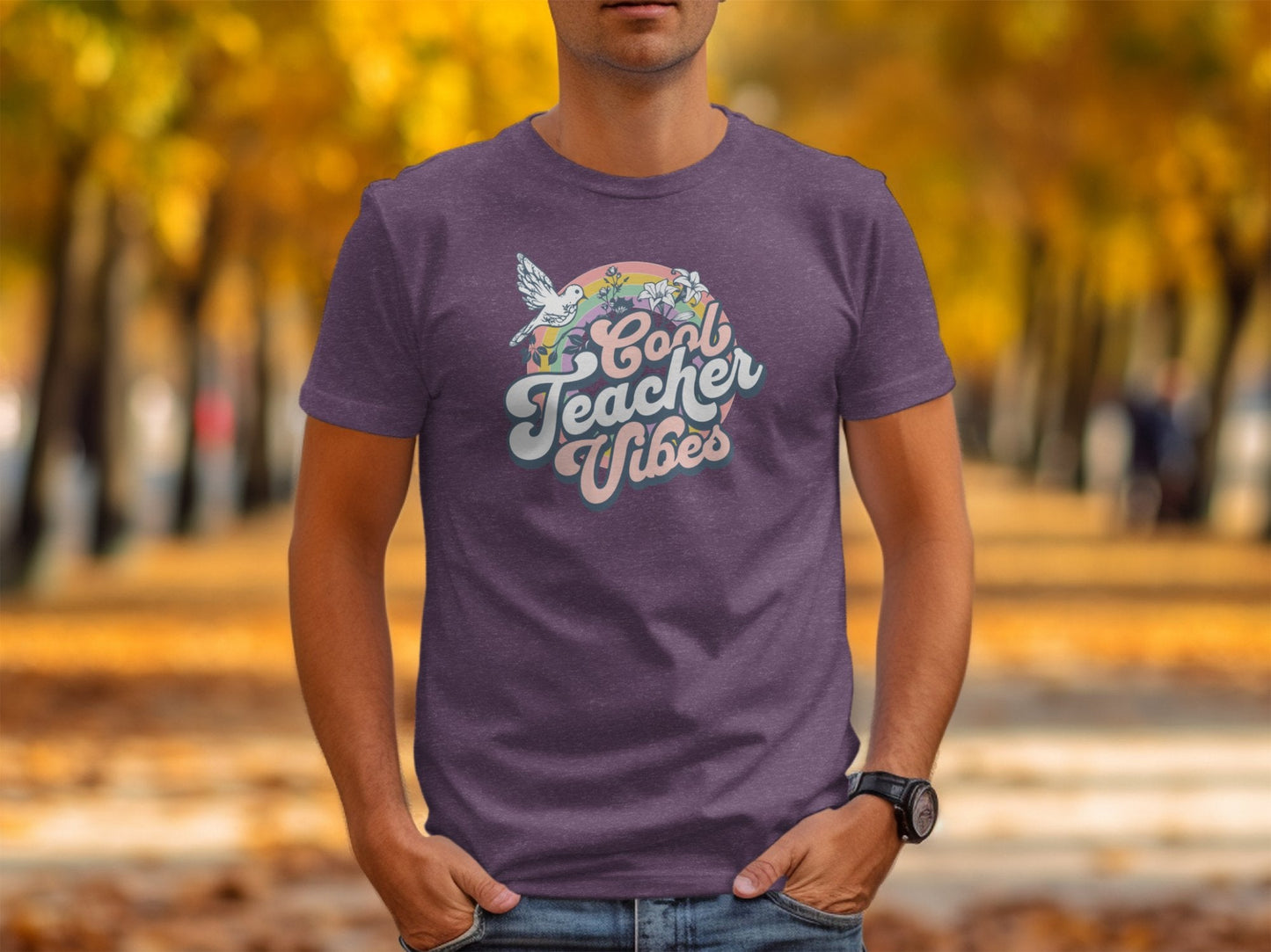 Cool Teacher Vibes and Retro Rainbow Graphic T-Shirt - Trendy AF