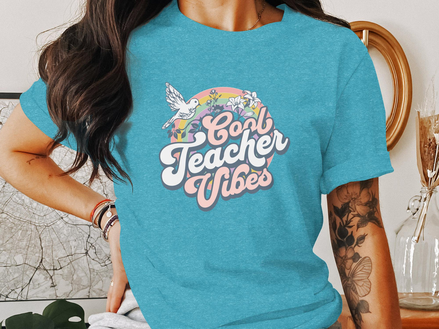 Cool Teacher Vibes and Retro Rainbow Graphic T-Shirt - Trendy AF