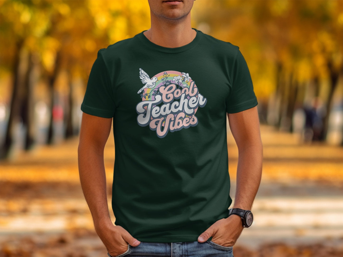 Cool Teacher Vibes and Retro Rainbow Graphic T-Shirt - Trendy AF