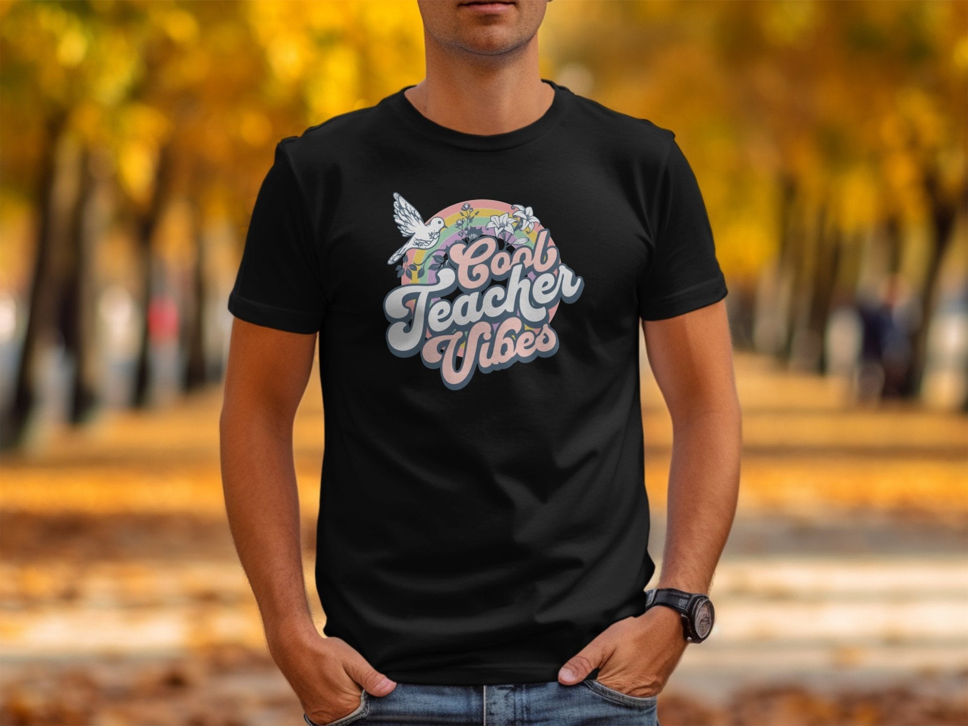 Cool Teacher Vibes and Retro Rainbow Graphic T-Shirt - Trendy AF