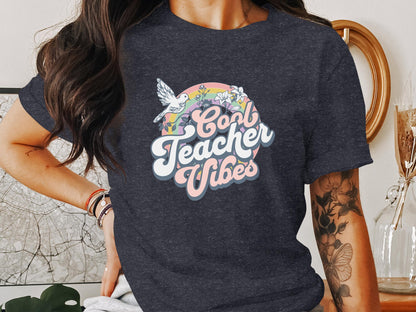 Cool Teacher Vibes and Retro Rainbow Graphic T-Shirt - Trendy AF