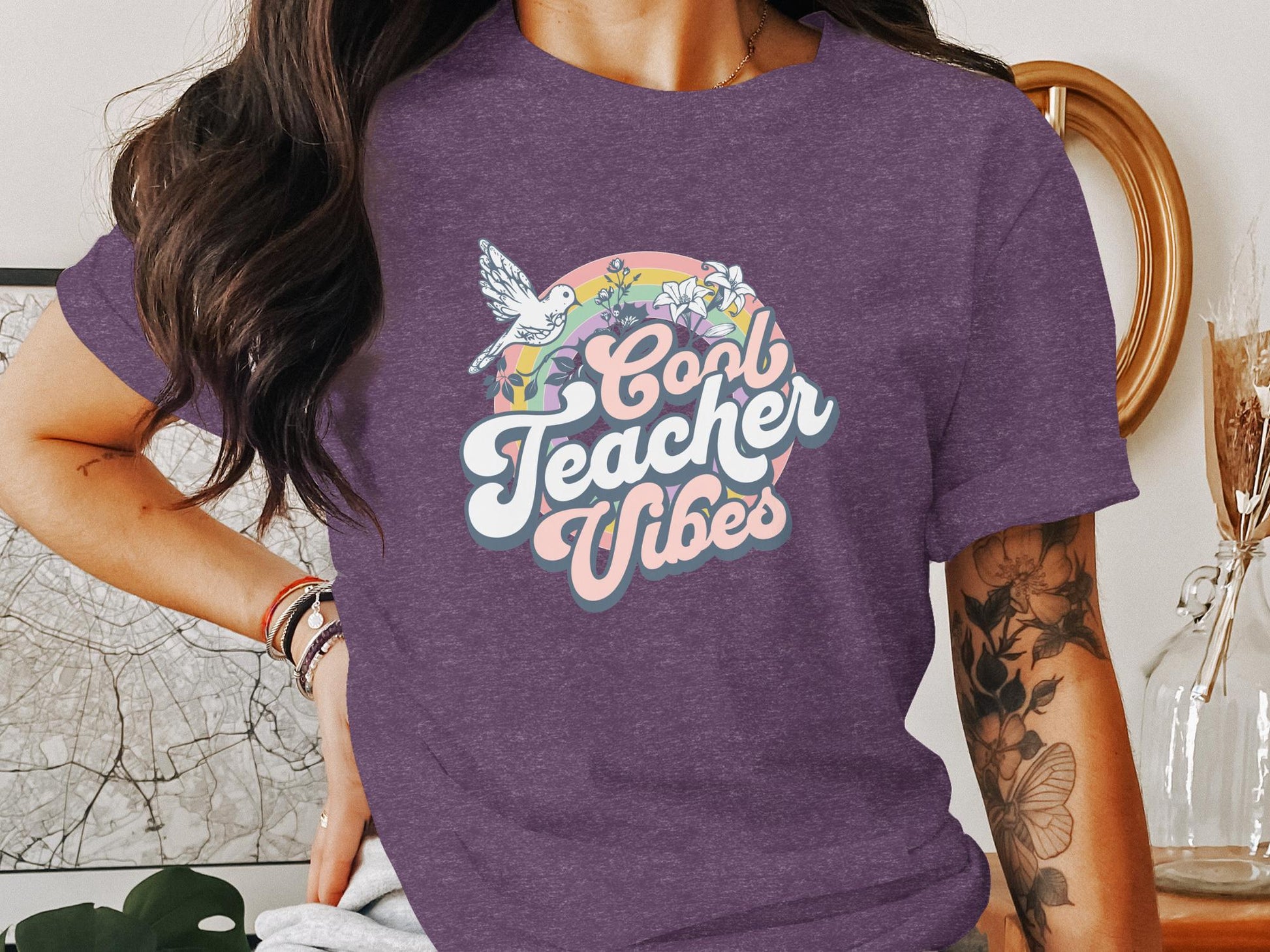 Cool Teacher Vibes and Retro Rainbow Graphic T-Shirt - Trendy AF