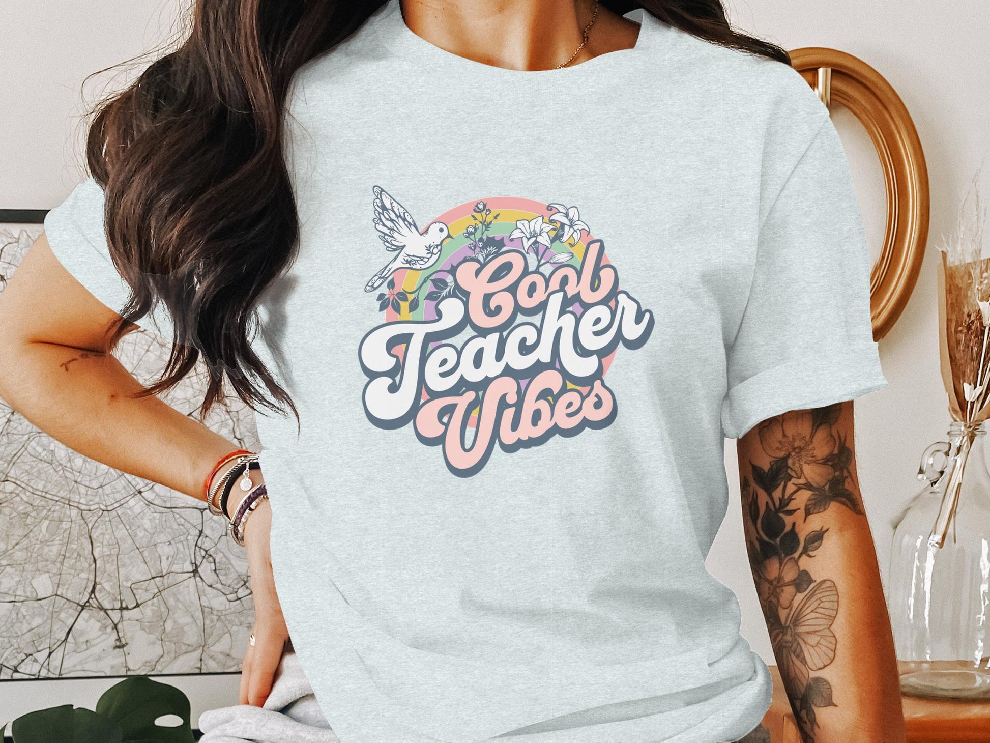 Cool Teacher Vibes and Retro Rainbow Graphic T-Shirt - Trendy AF