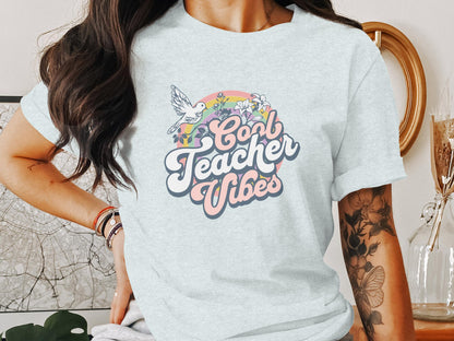 Cool Teacher Vibes and Retro Rainbow Graphic T-Shirt - Trendy AF