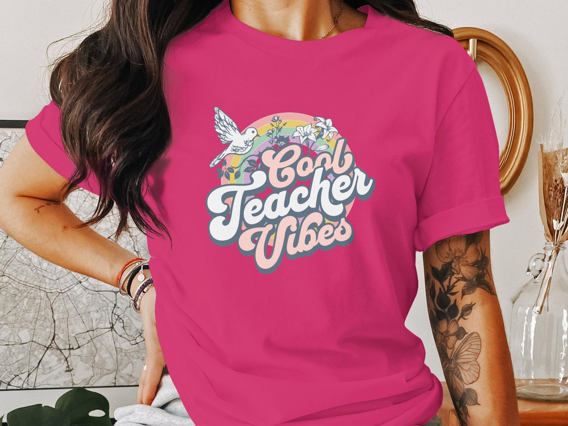 Cool Teacher Vibes and Retro Rainbow Graphic T-Shirt - Trendy AF