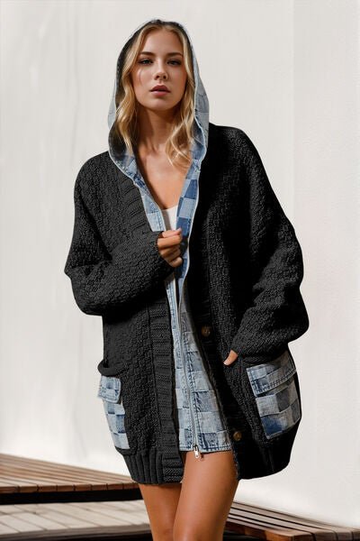 Double Take Full Size Hooded Denim Spliced Sweater Cardigan - AlterEgo Trading Company