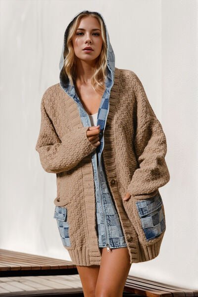 Double Take Full Size Hooded Denim Spliced Sweater Cardigan - AlterEgo Trading Company