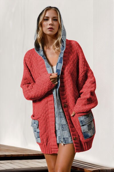 Double Take Full Size Hooded Denim Spliced Sweater Cardigan - AlterEgo Trading Company