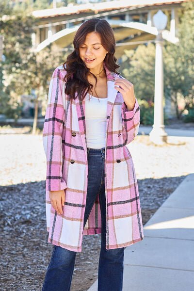 Double Take Full Size Plaid Button Up Lapel Collar Coat - AlterEgo Trading Company