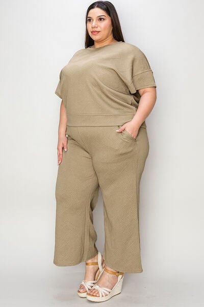 Double Take Full Size Texture Short Sleeve Top and Pants Set - AlterEgo Trading Company