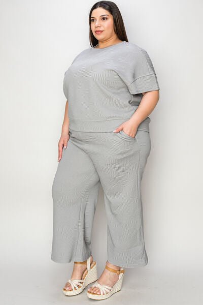 Double Take Full Size Texture Short Sleeve Top and Pants Set - AlterEgo Trading Company