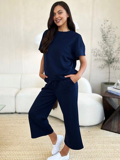 Double Take Full Size Texture Short Sleeve Top and Pants Set - AlterEgo Trading Company