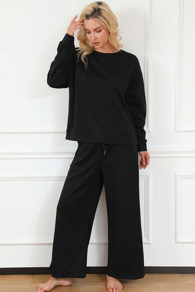 Double Take Full Size Textured Long Sleeve Top and Drawstring Pants Set - AlterEgo Trading Company