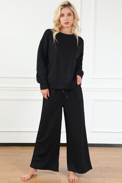 Double Take Full Size Textured Long Sleeve Top and Drawstring Pants Set - AlterEgo Trading Company