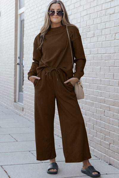 Double Take Full Size Textured Long Sleeve Top and Drawstring Pants Set - AlterEgo Trading Company