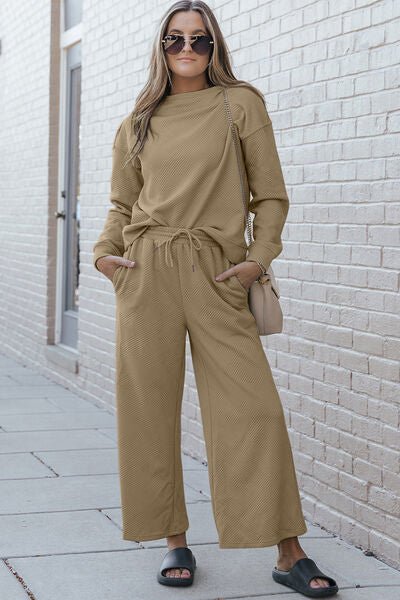 Double Take Full Size Textured Long Sleeve Top and Drawstring Pants Set - AlterEgo Trading Company