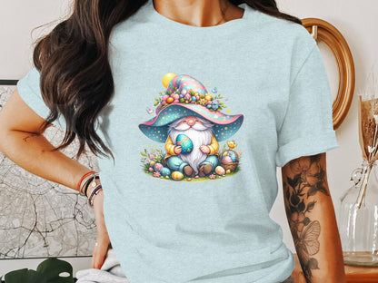 Easter Gnome T-Shirt, Spring Garden Gnomes, Kids and Adults Holiday Tee, Colorful Egg Hunt, Whimsical Gnome with Easter Eggs - Trendy AF