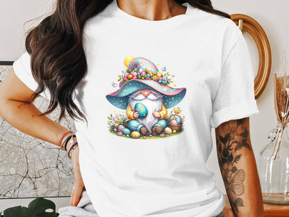 Easter Gnome T-Shirt, Spring Garden Gnomes, Kids and Adults Holiday Tee, Colorful Egg Hunt, Whimsical Gnome with Easter Eggs - Trendy AF