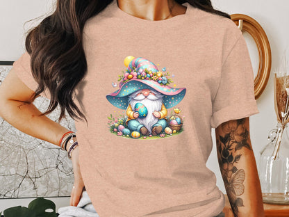 Easter Gnome T-Shirt, Spring Garden Gnomes, Kids and Adults Holiday Tee, Colorful Egg Hunt, Whimsical Gnome with Easter Eggs - Trendy AF