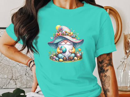 Easter Gnome T-Shirt, Spring Garden Gnomes, Kids and Adults Holiday Tee, Colorful Egg Hunt, Whimsical Gnome with Easter Eggs - Trendy AF