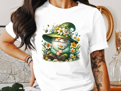 Floral Gnome Spring Garden T-Shirt, Cute Gnome with Bees and Flowers, Unisex Graphic Tee for Gardeners, Nature Lovers Gift Idea - Trendy AF