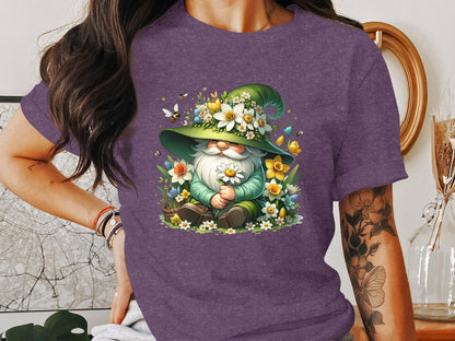 Floral Gnome Spring Garden T-Shirt, Cute Gnome with Bees and Flowers, Unisex Graphic Tee for Gardeners, Nature Lovers Gift Idea - Trendy AF