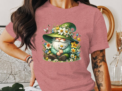 Floral Gnome Spring Garden T-Shirt, Cute Gnome with Bees and Flowers, Unisex Graphic Tee for Gardeners, Nature Lovers Gift Idea - Trendy AF