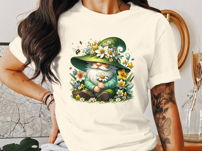 Floral Gnome Spring Garden T-Shirt, Cute Gnome with Bees and Flowers, Unisex Graphic Tee for Gardeners, Nature Lovers Gift Idea - Trendy AF