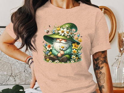 Floral Gnome Spring Garden T-Shirt, Cute Gnome with Bees and Flowers, Unisex Graphic Tee for Gardeners, Nature Lovers Gift Idea - Trendy AF