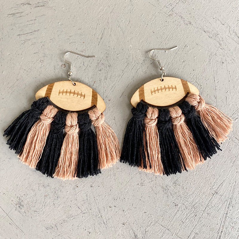 Fringe Detail Football Shape Wooden Dangle Earrings - Trendy AF