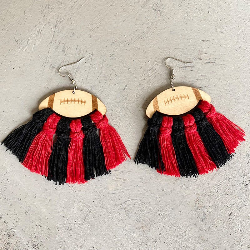 Fringe Detail Football Shape Wooden Dangle Earrings - Trendy AF