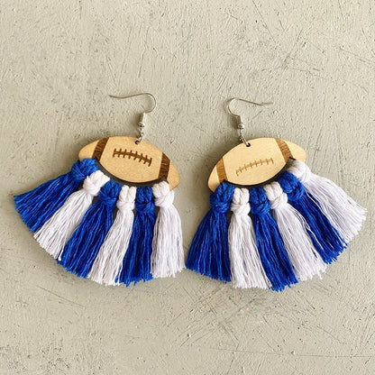 Fringe Detail Football Shape Wooden Dangle Earrings - Trendy AF