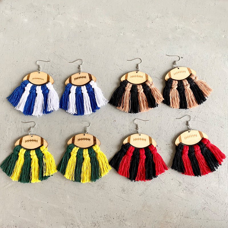 Fringe Detail Football Shape Wooden Dangle Earrings - Trendy AF