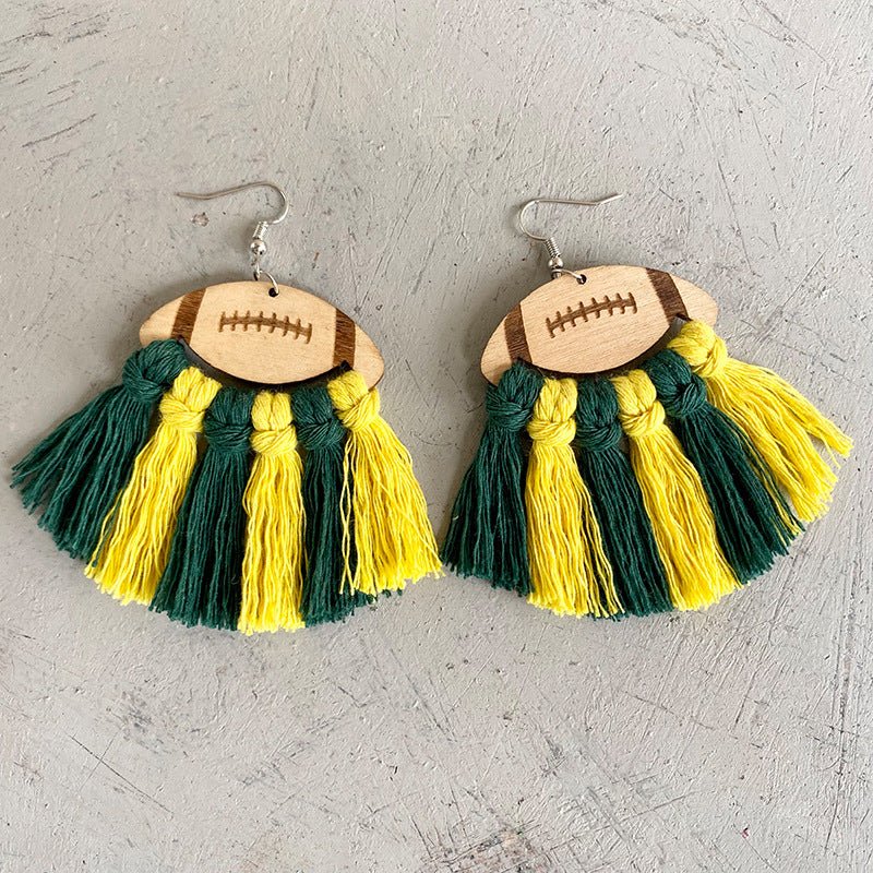 Fringe Detail Football Shape Wooden Dangle Earrings - Trendy AF