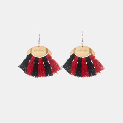 Fringe Detail Football Shape Wooden Dangle Earrings - Trendy AF