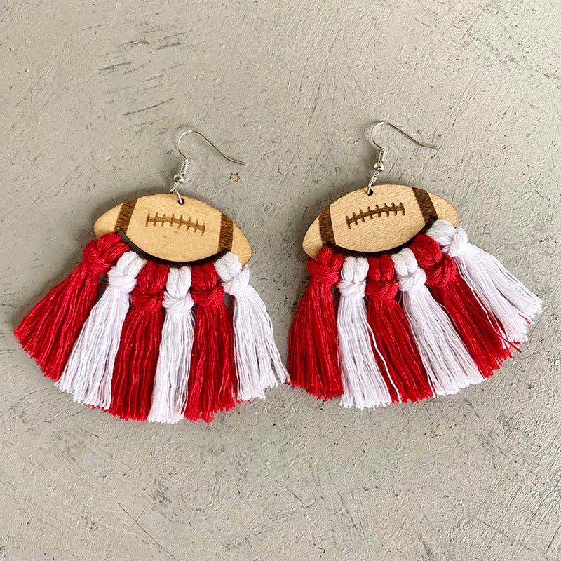 Fringe Detail Football Shape Wooden Dangle Earrings - Trendy AF