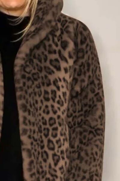 Full Size Leopard Furry Collared Neck Long Sleeve Coat - AlterEgo Trading Company